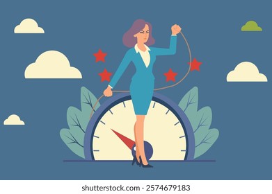 Determined businesswoman pulling the needle of a speedometer towards five stars. Concept of achieving goals, striving for excellence, and exceeding expectations