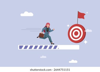 Determinada empresária executando em uma barra de progresso em direção a um destino com um sinalizador vermelho, ilustrando a realização da meta.