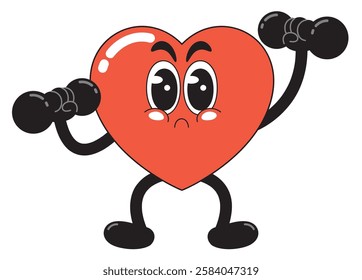 A determined cartoon heart character lifting dumbbells, symbolizing strength, exercise, and cardiovascular health.