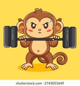 Determined Cartoon Monkey Lifting Heavy Weights Vector Illustration Kawaii Design
