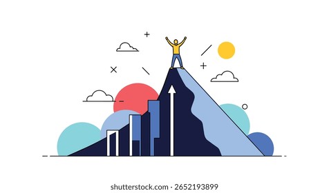 A determined champion stands victorious atop a tall mountain peak celebrating their hard earned success