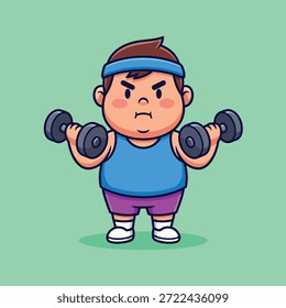 Un determinado chico gordito con una camiseta sin mangas azul y una diadema está levantando pesas, mostrando su esfuerzo durante un entrenamiento.