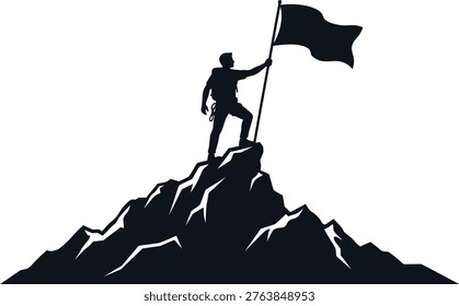 Determined climber standing triumphantly atop rugged mountain peak raising flag symbolizing victory and achievement