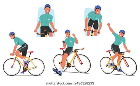 Pedales De Ciclista Determinados, Bicicleta, Ojos Enfocados, Manillar De Agarre De Manos, Expresar Control. El personaje atleta muestra fuerza y resistencia, celebra la victoria y el éxito. Ilustración vectorial de dibujos animados