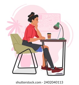 Determined Disabled Woman With Leg Prosthesis Skillfully Works On Her Computer In Office, Breaking Barriers And Showcasing Resilience In Her Professional Endeavors. Cartoon People Vector Illustration