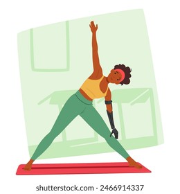 Determined Female Athlete With A Prosthetic Arm Practices Yoga In Gym, Showcasing Strength And Flexibility. Her Pose Exudes Confidence And Empowerment, Illustrating Physical Challenges Are No Barrier