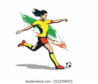 Determinado atleta jogador de futebol feminino em ação Uma ilustração vetor vibrante de uma jovem mulher chutando uma bola de futebol com confiança e poder simbolizando o campeonato de força, e Girl Power