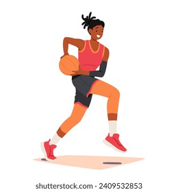 Determined Female Basketball Player Character Dashes Down The Court, Dribbling The Ball With Skill And Focus, Her Athleticism Evident In Each Swift And Purposeful Stride. Cartoon Vector Illustration