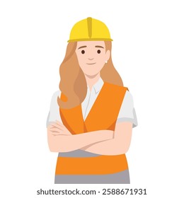 Determined female construction worker wearing a hard hat and safety vest,standing with crossed arms. Flat vector illustration isolated on white background