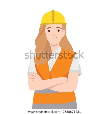 Determined female construction worker wearing a hard hat and safety vest,standing with crossed arms. Flat vector illustration isolated on white background