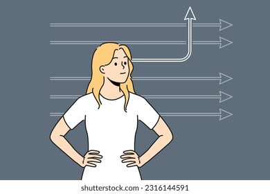 Determined female employee with numerous arrows think of creative ideas. Woman with one arrow changing direction. Creative thinking. Vector illustration. 