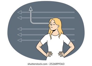 Uma funcionária determinada com inúmeras setas pensa em ideias criativas. Mulher com uma seta mudando de direção. Pensamento criativo. Ilustração vetorial.