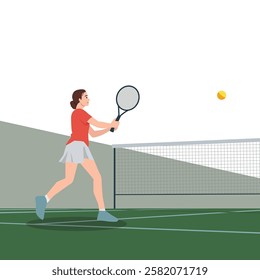 Determined female tennis player prepares to hit the ball with her racket on an outdoor court. Flat vector illustration isolated on white background