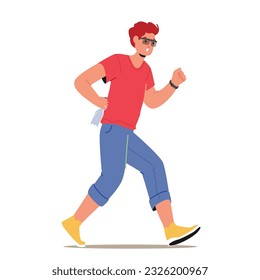 Determined And Focused Young Man Character Sprints Through The City Streets, Competing In A Challenging Marathon with Strength And Endurance Towards The Finish Line. Cartoon People Vector Illustration