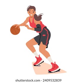 Determined Girl Basketball Player Character Dribbles The Ball With Speed And Precision, Her Focused Gaze Fixed On The Hoop Showcasing Agility And Skill On The Court. Cartoon People Vector Illustration