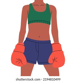 Determined Girl Boxer In Sportswear, With The Red Boxing Gloves. Female Fight For Equal Rights For Women.Training, Boxing, Wrestling, Defense, Sport. Girl Power And Feminism. Sportsman Woman Fighting