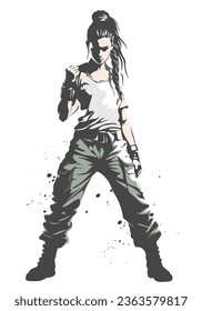 A determined girl in military style clothes raises a clenched fist. Color vector illustration on white background