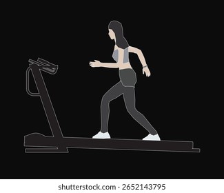 A determined girl runs on a treadmill in a dark studio, wearing a tank top and shorts with her hair in a ponytail. Her arms pump vigorously as she maintains a steady pace.