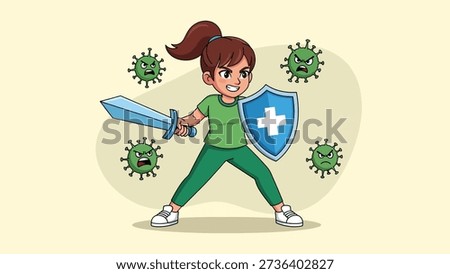 A determined girl warrior with a sword and shield bravely fights off surrounding viruses, symbolizing immunity and health defense.