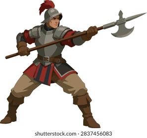 determined halberdier thrusting halberd three-quarter view full body vector illustration