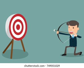 Determined handsome businessman aiming at target with bow and arrow. business target and success concept vector illustration.