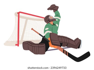 Determined Hockey Goalkeeper Guards The Net With Focused Intensity, Clad In Vibrant Gear. Masked And Agile, Character Ready To Thwart Any Oncoming Puck Challenge. Cartoon People Vector Illustration