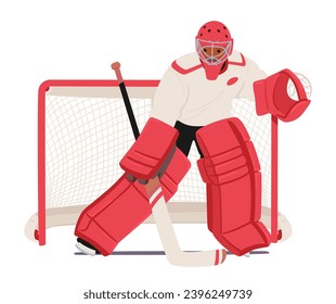 Determined Hockey Goalkeeper Guards The Net With Agile Moves, Clad In Red Gear. Focused And Ready, for Incoming Puck With Unwavering Determination On The Ice Rink. Cartoon People Vector Illustration