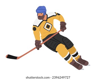 Determined Hockey Player, Clad In Gear And Holding A Stick, Swiftly Glides Across The Ice. Athlete Character Focused And Ready For Action In The Intense Game Ahead. Cartoon People Vector Illustration