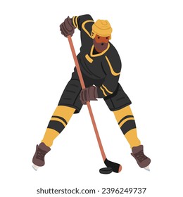 Determined Hockey Player Clad In Vibrant Gear, Skillfully Maneuvers The Puck On The Ice, Character Showcasing Agility And Focus While Exuding The Spirit Of The Game. Cartoon People Vector Illustration