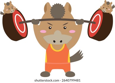 Determined Horse Lifting Barbell with Mini Horses – 2026 Zodiac Character Illustration