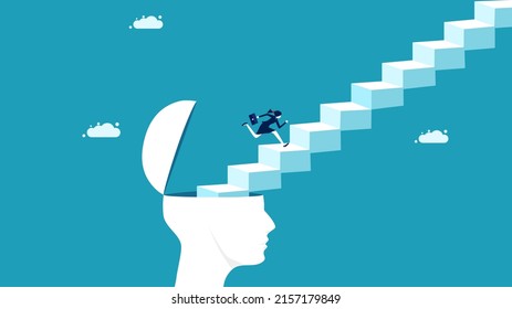 A determined idea. A business woman running on the head of the stairs. business concept vector 