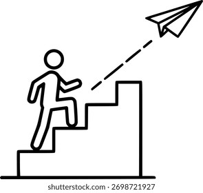 Escaleras ascendentes individuales determinadas mientras se lanza el avión de papel que simboliza el progreso