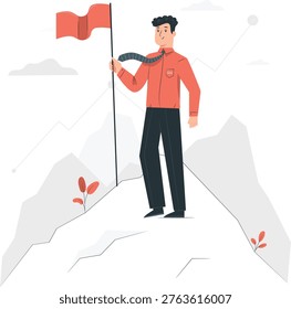 Determined individual planting a flag on a rugged mountain peak