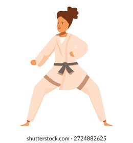 Practicante de karate determinado con un keikogi blanco y cinturón negro, realizando una postura defensiva durante el entrenamiento de artes marciales