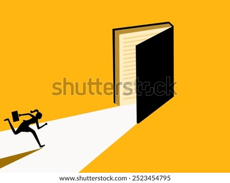 Determined to learn. woman running to the open book door 
