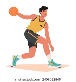 Determined Male Basketball Player Sprints Down The Court, Dribbling The Ball With Precision. His Focused Expression And Agile Movements Showcase The Intensity Of Game In Action. Vector Illustration