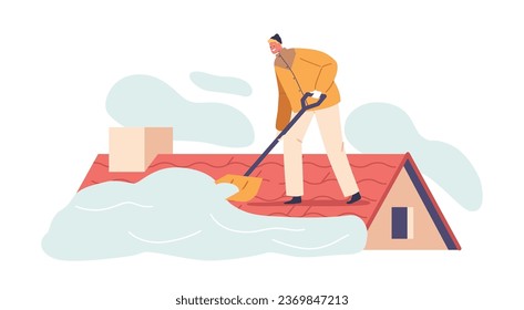 Determined Male Character Meticulously Clearing Snow Off A Cozy Cottage Roof, Surrounded By A Pristine Winter Wonderland