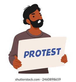 Personaje Masculino Decidido Con Barba Sostiene Un Cartel En Blanco, Listo Para Expresar Su Mensaje, Mostrando El Espíritu Activista Y El Poder De La Manifestación Pacífica. Ilustración vectorial de Personas de dibujos animados