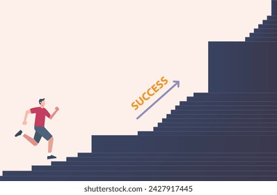 Determined Man Ascending Staircase Towards Success Arrow Illustration. Vector Illustration. 