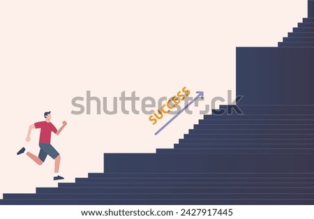 Determined Man Ascending Staircase Towards Success Arrow Illustration. Vector Illustration. 