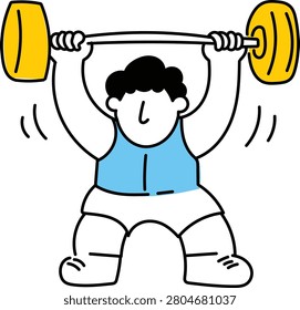 A determined man in a blue tank top and white shorts is shown lifting a heavy barbell above his head, demonstrating strength and dedication to fitness.