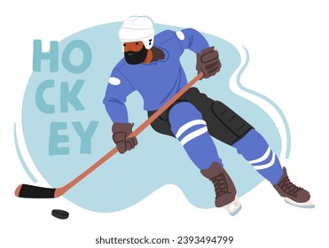 Determined Man Glides Across The Icy Rink, Hockey Stick In Hand, Character Chasing The Puck With Skillful Maneuvers, Surrounded By The Exhilarating Winter Chill . Cartoon People Vector Illustration