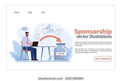 Determined man at laptop directs funds for sponsorship. Efficient financial flow from cash notes to jar labeled FUND. Strategizing for impactful backing. Flat vector illustration