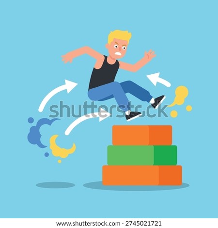 A determined man leaps over colorful blocks, representing overcoming difficulties and moving forward in life.