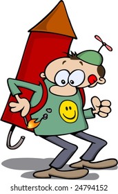Determined Man In A Propeller Hat, Holding A Lit Match To The Fuse Of The Rocket Strapped On His Back
