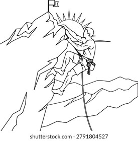 A determined man scales a rugged mountain peak, reaching for the sun, symbolizing achievement and perseverance.
