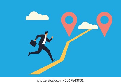 A determined man sprints along a path marked by location pins, symbolizing a clear roadmap to success. Business vector illustration for goal setting, strategy, and achieving milestones.