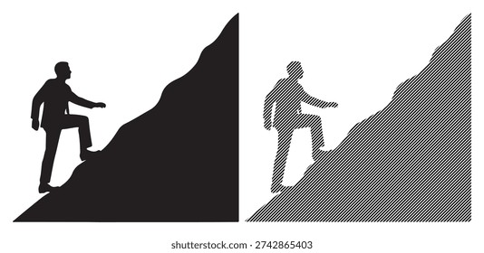 Determined man in suit ascending steep hill indicating career challenge isolated on white background.