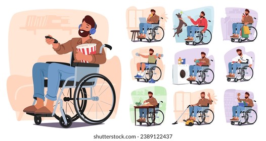 Determined Man In Wheelchair Efficiently Tackles Various Household Chores. Disabled Male Character Shopping, Playing with Dog, Exercising, Vacuuming Floor, Cooking. Cartoon People Vector Illustration