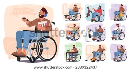 Determined Man In Wheelchair Efficiently Tackles Various Household Chores. Disabled Male Character Shopping, Playing with Dog, Exercising, Vacuuming Floor, Cooking. Cartoon People Vector Illustration